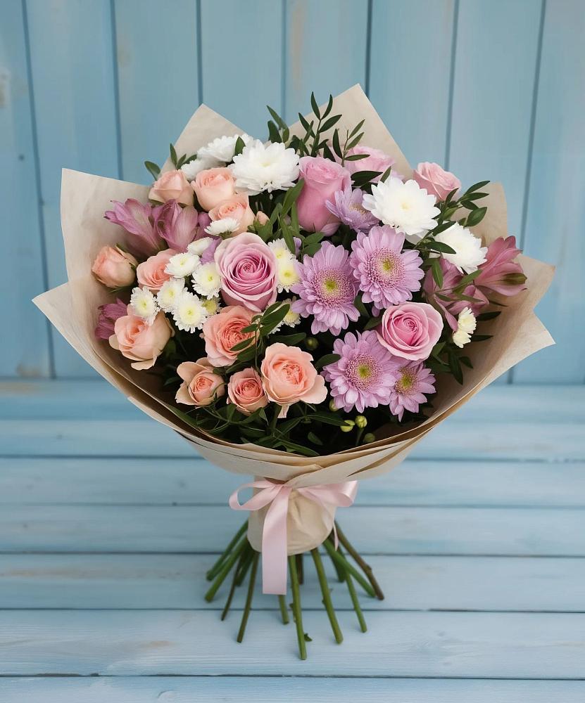 Букет цветов из: Хризантемы, Розы и Альстромерии в Куженере