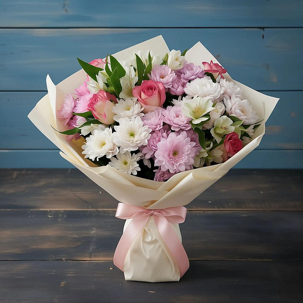 Букет цветов из: Хризантемы, Альстромерии и Розы в Куженере